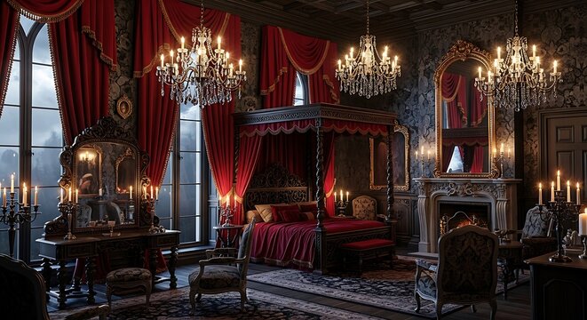 A luxurious and opulent bedroom with a four-poster bed and lavish furnishings