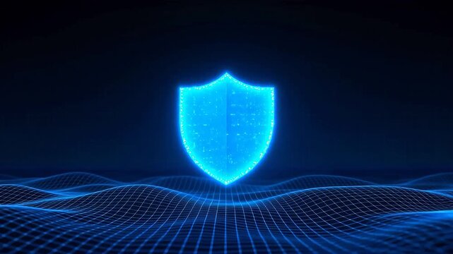 Blue shield on digital wave background