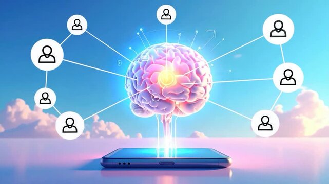 A brain hovers above a smartphone, connected by lines of light