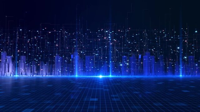 Futuristic Digital city Artificial Intelligence technology smart city. skyline data connections network lines. global worldwide infrastructure data flow. innovation, AI, fintech, smart city visuals.