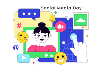 Fototapeta premium Social Media Day Vector Illustration Digital Communication Concept With Smartphone Notifications Chat Emojis And Online Network Interaction Design