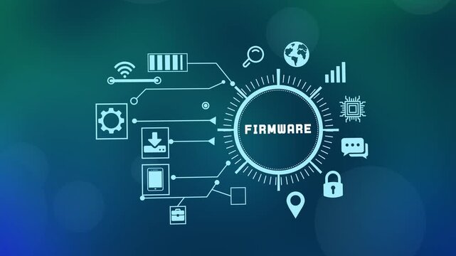  High tech firmware update and microchip programming interface with glowing blue electronic circuits and digital data processing background.