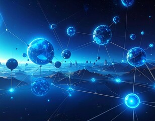 Fototapeta premium A futuristic network of glowing blue orbs and lines over a mountainous landscape
