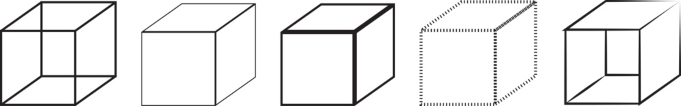 Five line cubes with varying line styles and perspectives