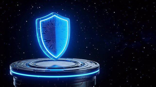 Blue glowing shield on pedestal