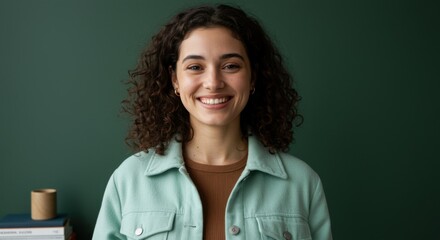 Fototapeta premium Young woman with curly hair smiling in portrait standing against a green wall for a lifestyle wellness campaign with books and copy space on the left