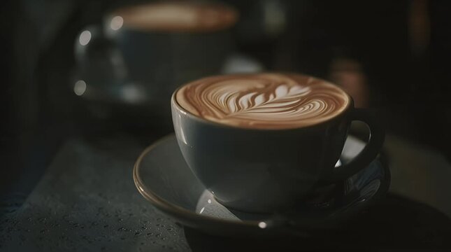 Close-up of a beautifully crafted latte art design in a ceramic cup creating a warm and inviting atmosphere for coffee lovers and cozy moments