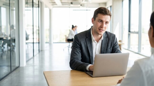 Young businessman interviewing candidate at modern office table with laptop, natural light, professional conversation and attentive expression in open workspace