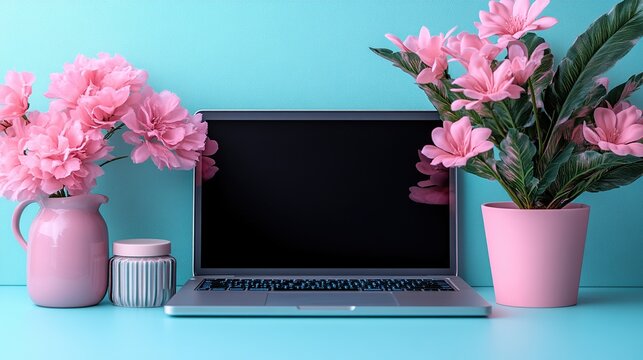 Colorful desk setup featuring pink flowers in pots beside a laptop on turquoise background