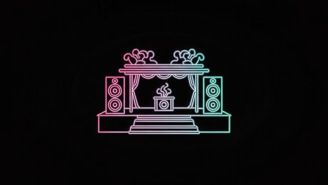 Vibrant neon outline stage setup with DJ deck and speakers glowing against a dark background,
