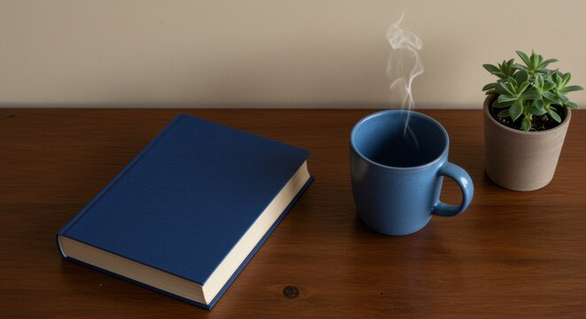 Blue hardcover book on wooden desk with steaming coffee mug and succulent plant for lifestyle blog hero image with copy space on creamy beige wall background