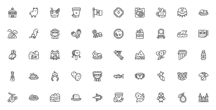 Peru icon set. Vector illustration pack featuring Machu Picchu, Llama, Ceviche, Nazca Lines, Poncho, Condor and more Peruvian symbols and elements.