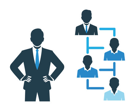 Vector of a confident businessman standing next to a company hierarchy chart