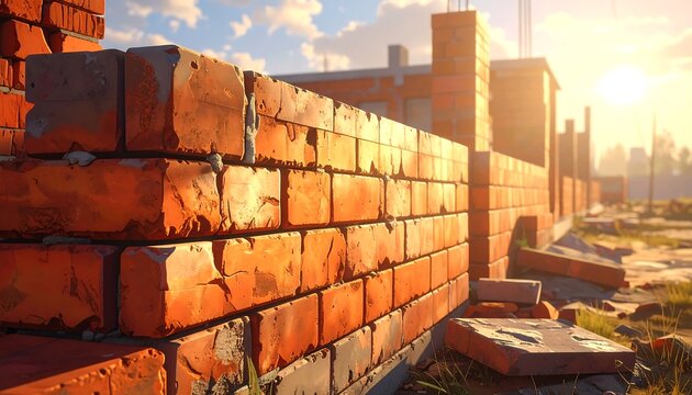 A serene brick wall at sunset with a clear blue sky