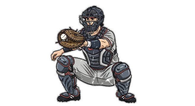 Baseball catcher in defensive stance, wearing protective gear and glove, isolated on white background