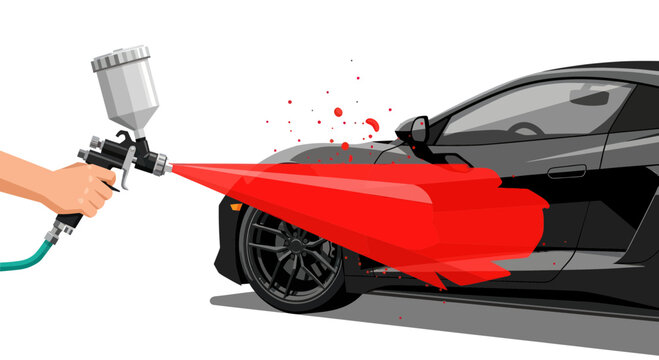 Car painting process with spray gun, automotive repair, custom paint job