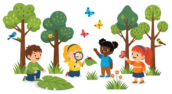 Four diverse children are happily exploring nature in a park, observing butterflies, ladybugs, and birds while using a magnifying glass.