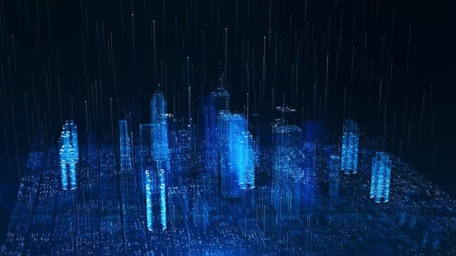 Futuristic Smart City Falling Data Streams, Smart city IOT internet of thing ICT digital technology futuristic, automation management smart security power energy metaverse 3D city virtual augmented 4K