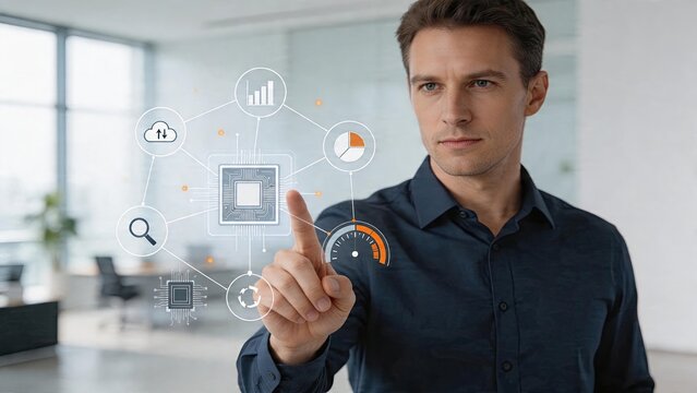 Man touching screen with data graphscloud and processor icons in office technology innovationdigital transformation artificial intelligence network analysis future smart tech