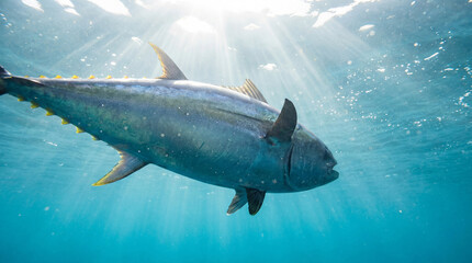 Fototapeta premium World Tuna Day tuna swimming in clear ocean water showing marine beauty conservation perfect for environmental education awareness editorial commercial content materials