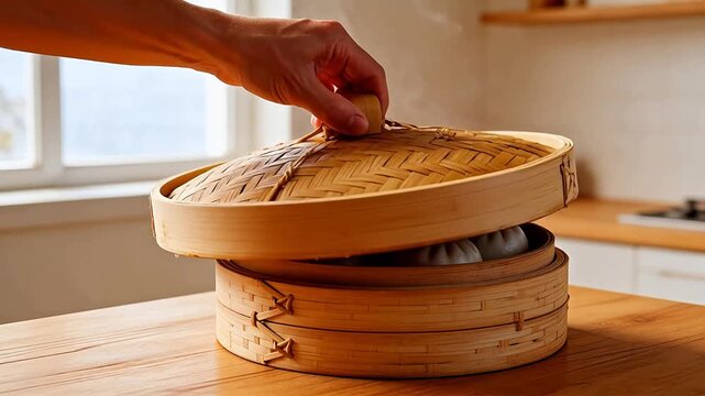 Steaming buns in bamboo steamer
