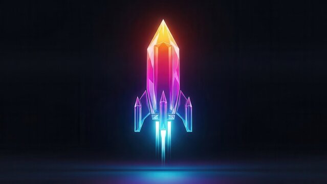 Vibrant crystalline rocket launching with colorful neon thrust against a dark background,