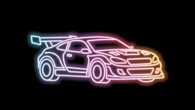 Vibrant neon outline of a high-performance sports car with a dramatic spoiler against a dark