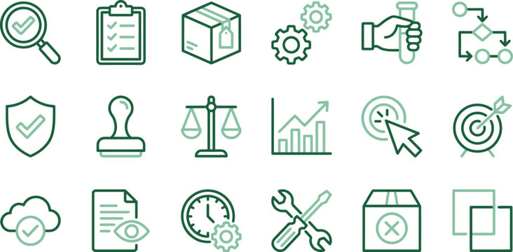 Collection of green business and technology icons on a white background for corporate and workflow concepts