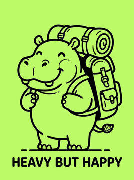 Cartoon Hippo With Backpack Smiling.