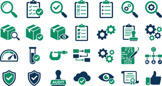 Collection of green and blue business and audit icons including checkmarks, gears, and shields on white background