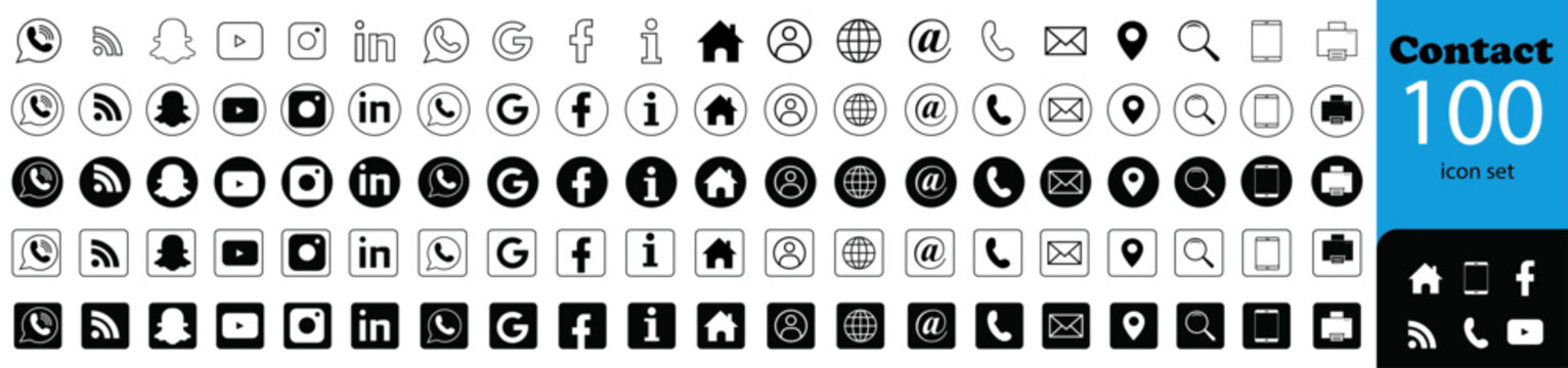 Contact 100 editable variant  icon | Web icon set with thin, fill isolated vector containing home, browser, profile, email, location, face-book, google, call and other social media icon