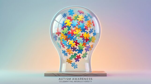 Glass mind illustration with puzzle fragments for autism awareness
