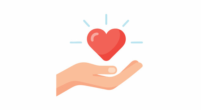 Open hand offering a glowing red heart symbolizing care, support, compassion, and generosity in a soft illustration