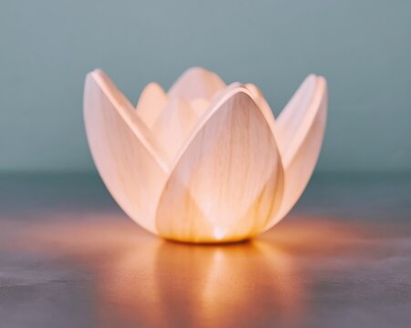 Abstract Glowing Lotus Flower Sculptural Light on a Reflective Surface for Wellness and Meditation App Splash Screen Design with Pastel Tones and Copy Space