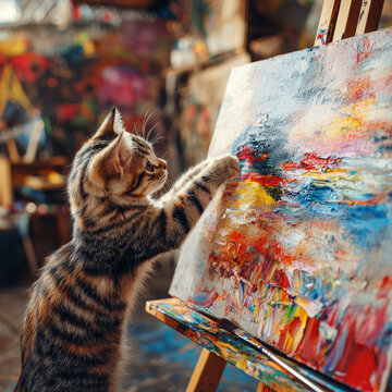 Playful tabby kitten on hind legs touching a vivid impasto painting on an easel in an artistic setting
