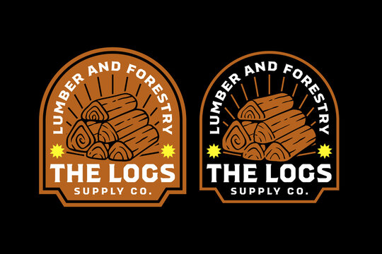 Stacked logs retro badge logo design set for forestry. Timber logs stack vintage patch illustration pack for lumber. Wood pile rustic emblem element for woodworking. Firewood cut logs sticker design