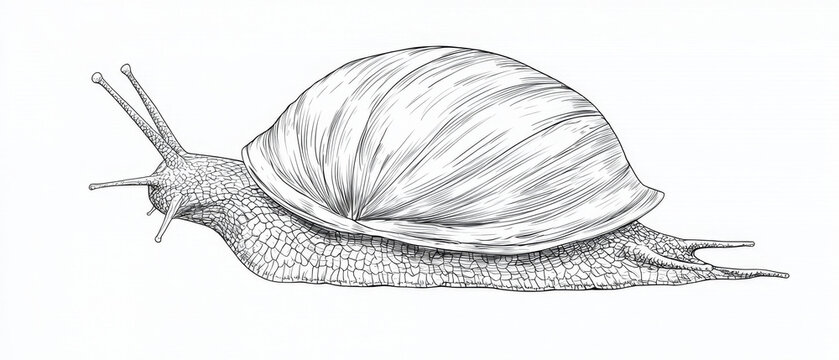 Intricate black and white line art drawing of a snail, showcasing its textured body, detailed shell, and tentacles on a plain white background