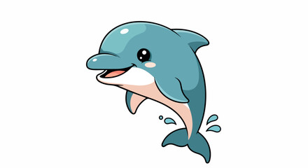 Naklejka premium A cartoon dolphin jumping out of the water with a cheerful expression on a plain white background.