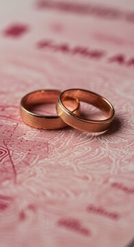 Two gold wedding bands resting on official document page for marriage visa or immigration legal services application with soft pink background and copy space