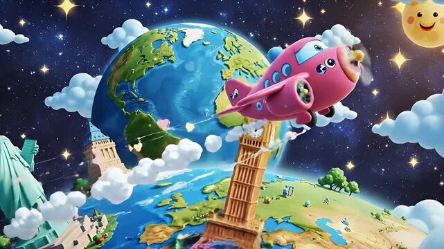 Vibrant Cartoon World Tour: Earth Surrounded by Iconic Global Landmarks in Space