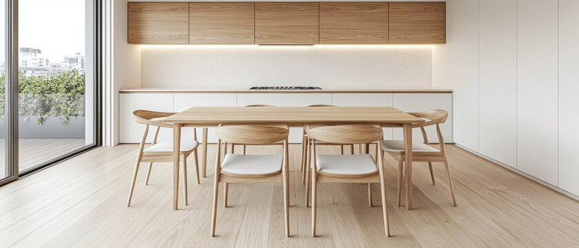 Light wood and white modern kitchen and dining area with sleek cabinetry, undercabinet lighting, a stove, and a balcony view