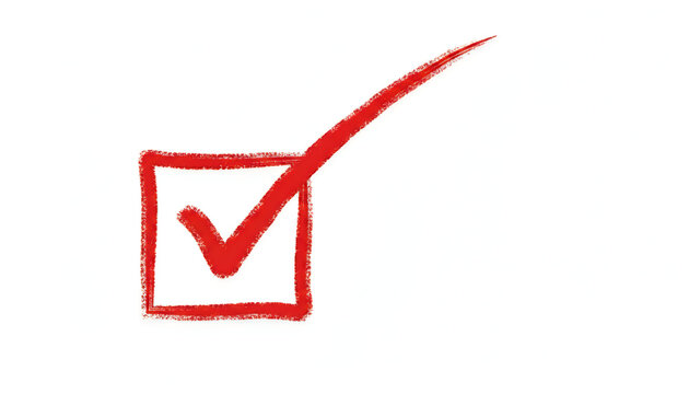 A simple, bold red checkmark in a square box against a white background, conveying completion