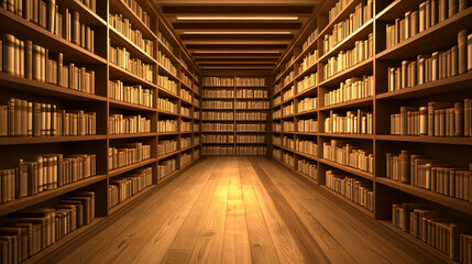 Obraz premium Long library corridor with wooden bookshelves stretching far, neatly stacked with books, bathed in a warm, inviting glow