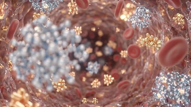 Insulin glucose hormone in bloodstream inside blood vessel with red blood cell, molecular particle, antibody immune system, receptor interaction in medical biology biochemistry diabetes circulation