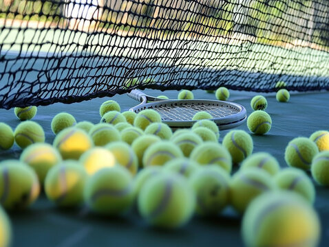 Many fuzzy yellow tennis balls scattered on a green tennis court with a racket, seen through a black net from a low angle