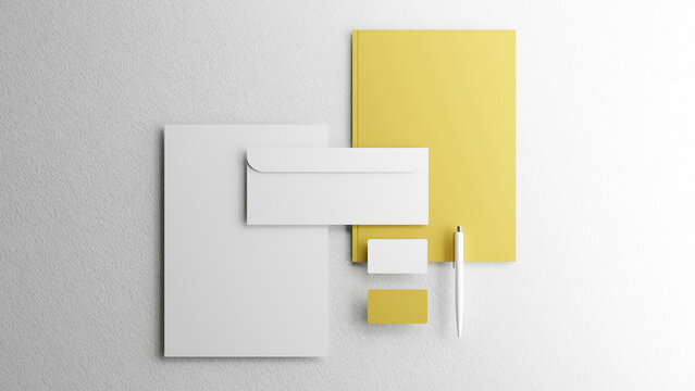 3D mockup template of a stationery set. letterhead, business cards, envelope, and pen on White. Folder and a Business card on Minion. white paper base
