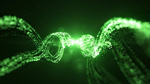 Abstract Green DNA Helix Structure Glowing Energy Particles.