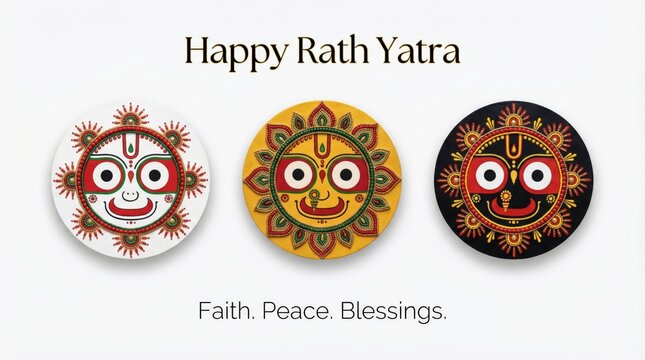 Three decorative circular artworks depicting Lord Jagannath with vibrant colors and intricate patterns celebrating Rath Yatra festival with blessings