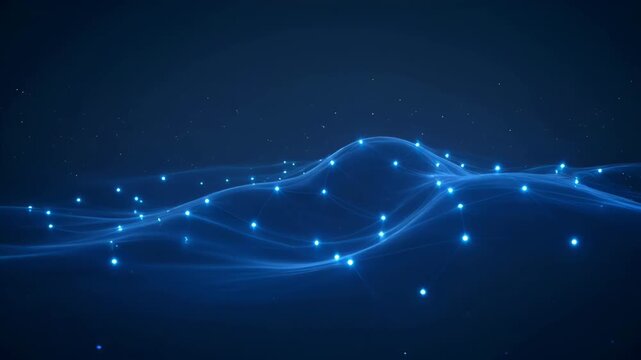 Glowing blue network wave, abstract digital connection, flowing light points, futuristic data visualization smooth gradient night sky glowing blue particles dark background scattered light points