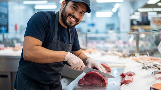 World Tuna Day happy male supermarket employee cutting fresh tuna showing culinary expertise perfect for retail grocery store butcher editorial commercial content materials